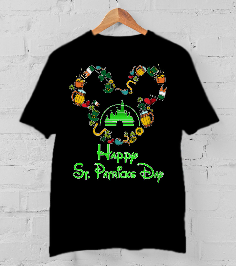 Happy St. Patrick's Day Disney Castle With Shamrock And Beer Icons T-Shirt