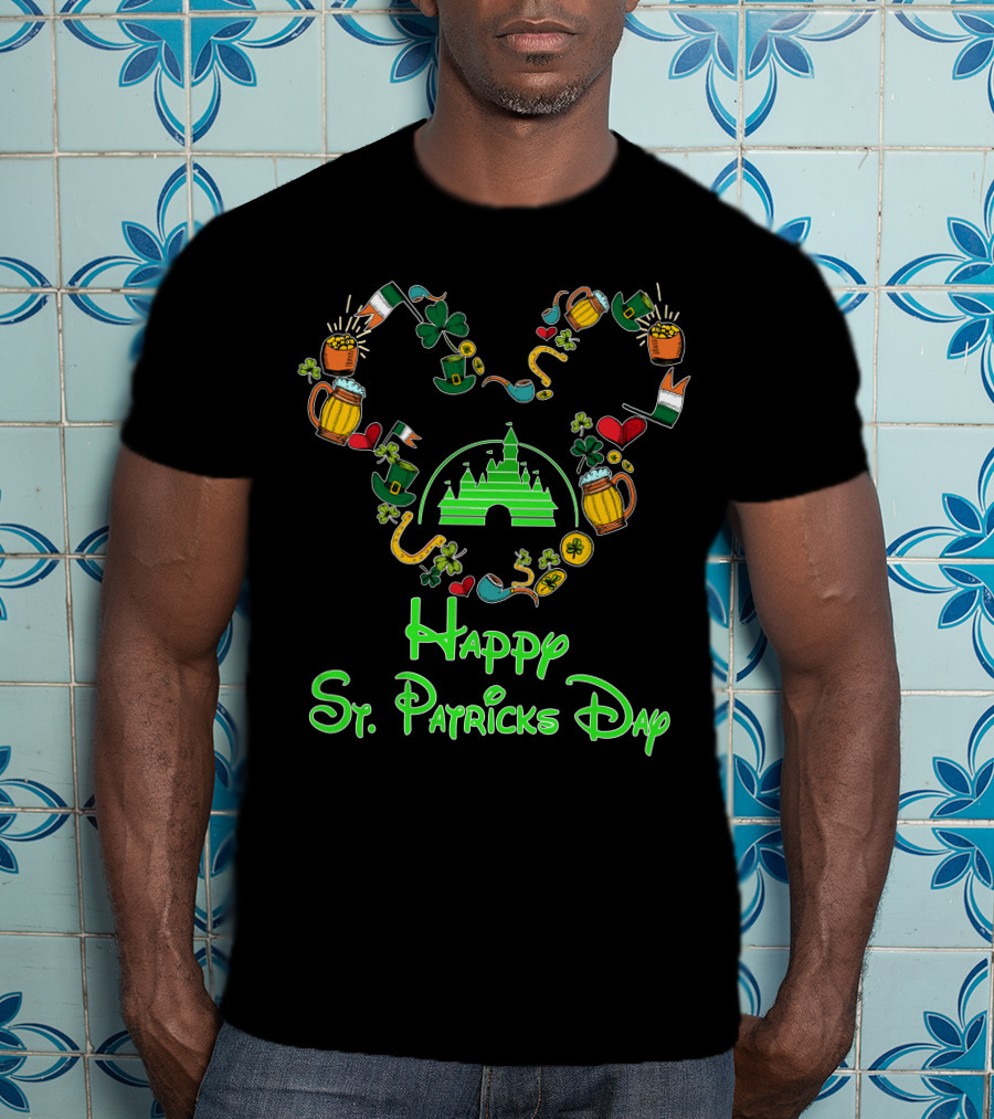 Happy St. Patrick's Day Disney Castle With Shamrock And Beer Icons T-Shirt