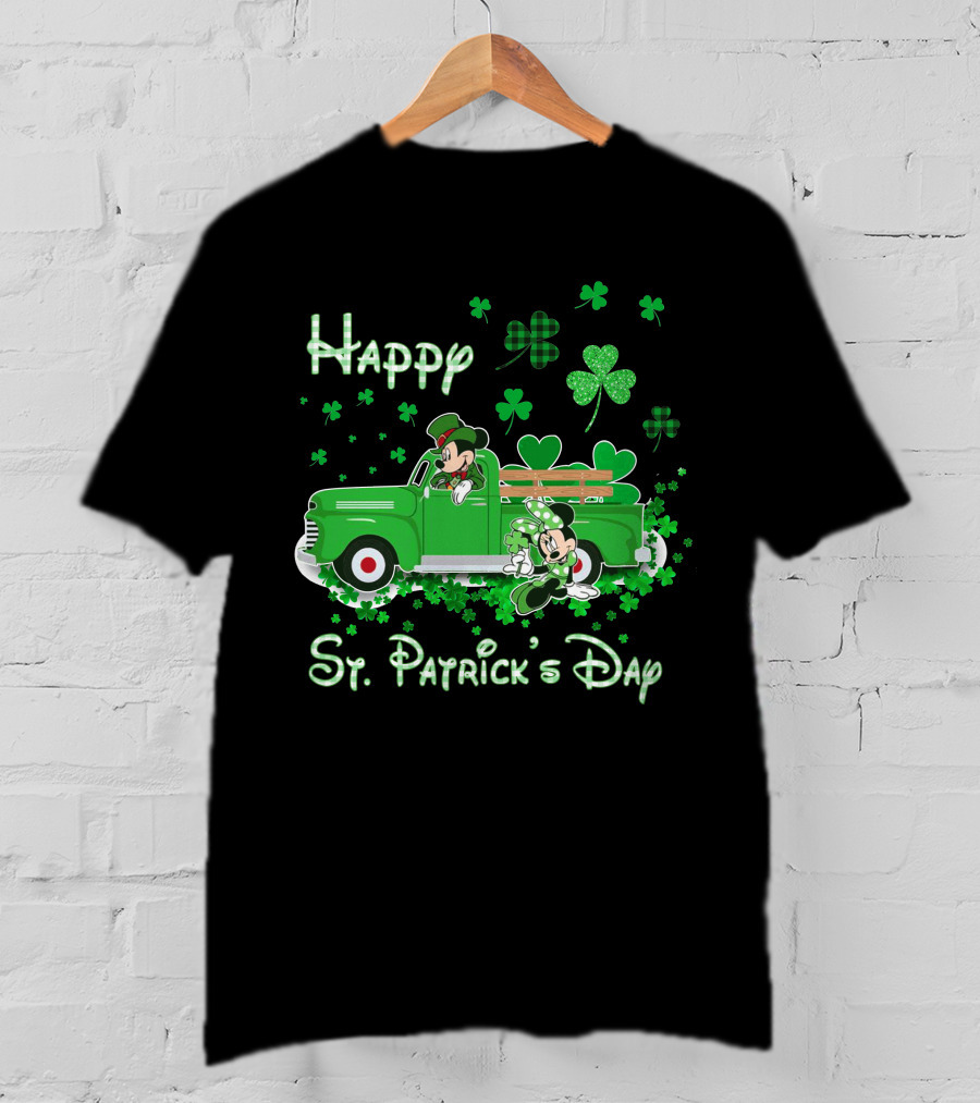 Happy St. Patrick's Day Mickey Mouse Green Truck Shamrocks T-Shirt