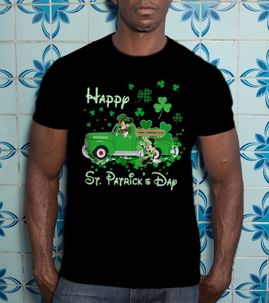 Happy St. Patrick's Day Mickey Mouse Green Truck Shamrocks T-Shirt