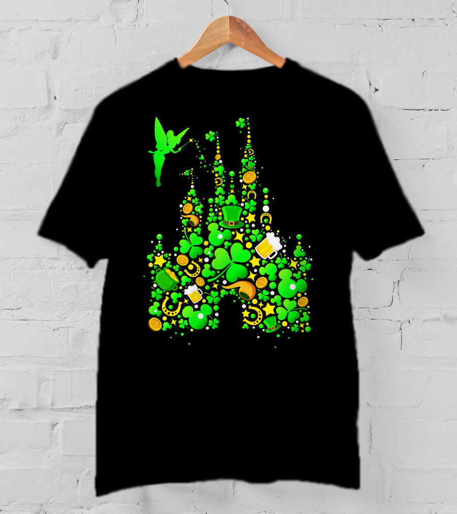 Disney Castle St. Patrick's Day Tinkerbell Leprechaun Hat Clover Coins Beer T-Shirt