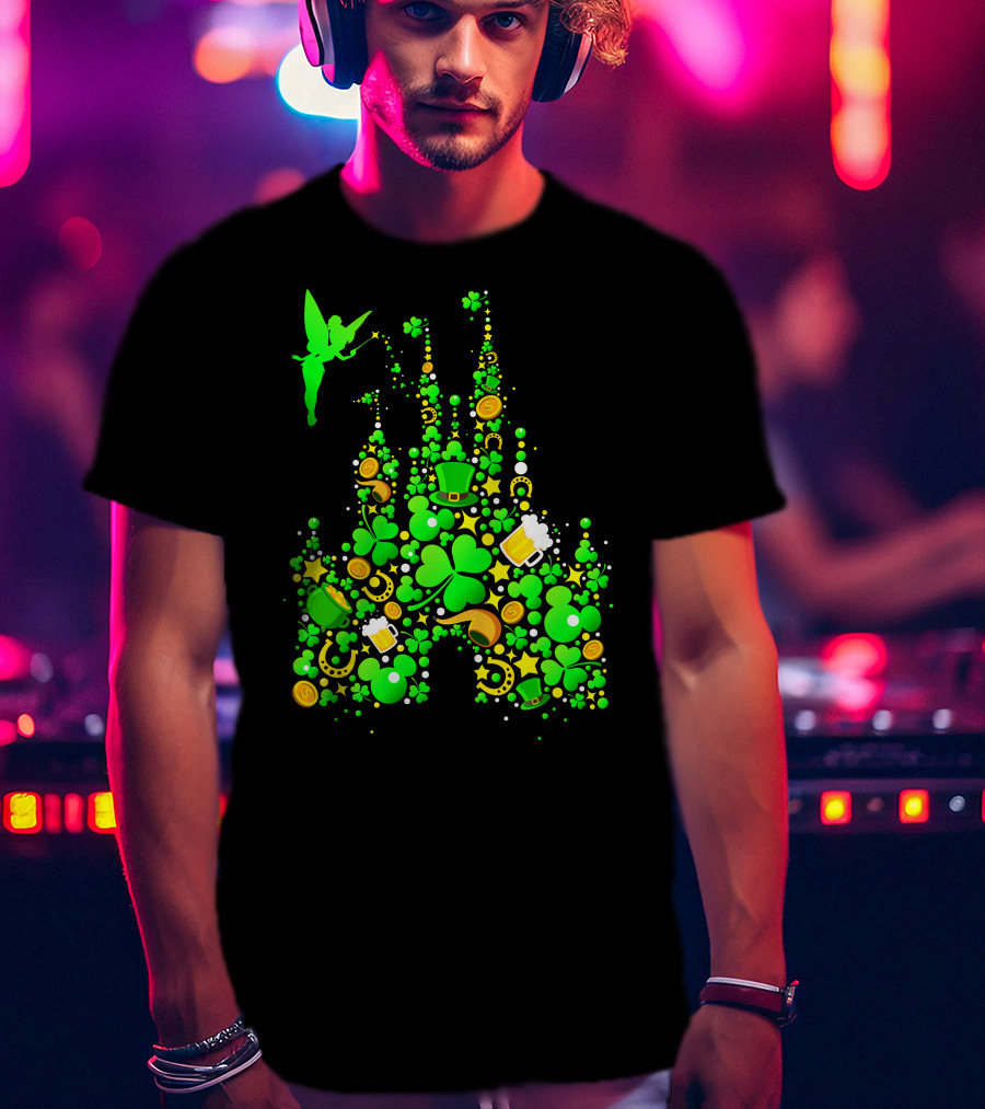 Disney Castle St. Patrick's Day Tinkerbell Leprechaun Hat Clover Coins Beer T-Shirt