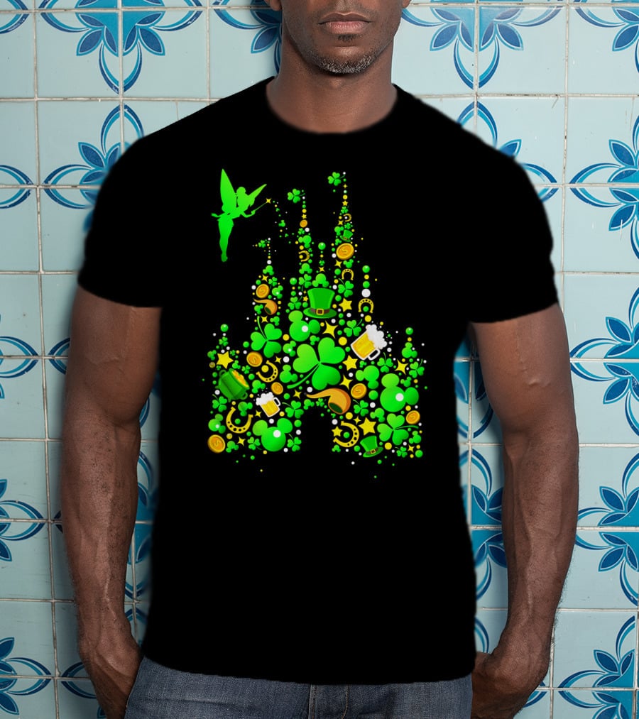 Disney Castle St. Patrick's Day Tinkerbell Leprechaun Hat Clover Coins Beer T-Shirt