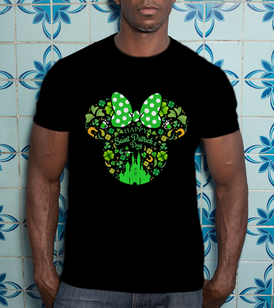 Minnie Mouse Happy Saint Patrick's Day With Shamrocks And Castle T-Shirt