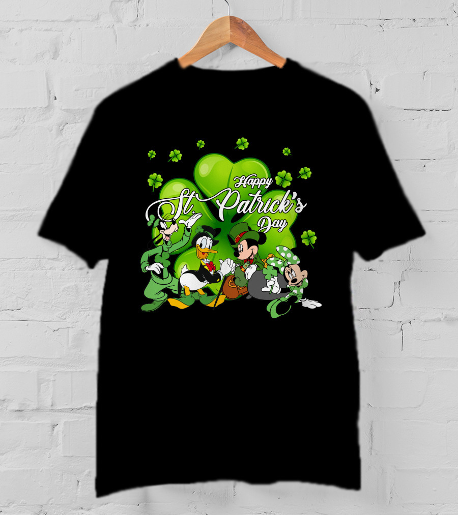 Happy St. Patrick's Day Mickey Mouse Donald Duck Goofy Minnie Mouse With Shamrocks T-Shirt