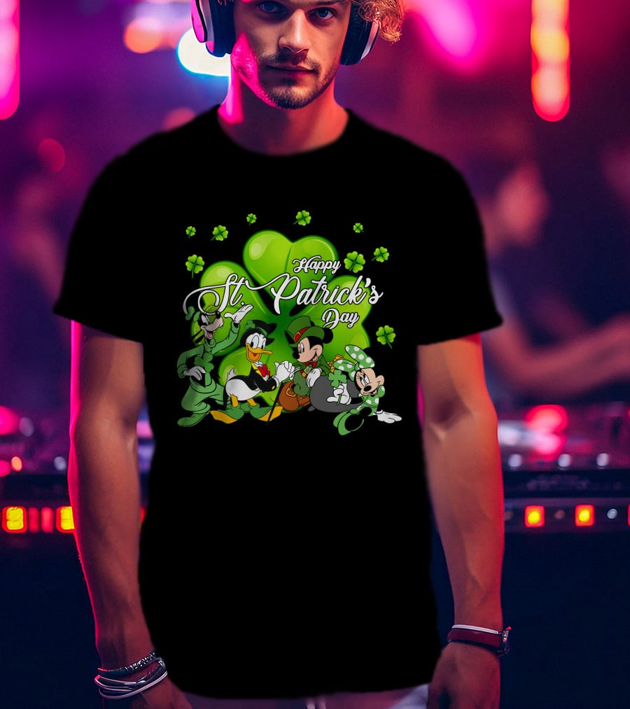 Happy St. Patrick's Day Mickey Mouse Donald Duck Goofy Minnie Mouse With Shamrocks T-Shirt