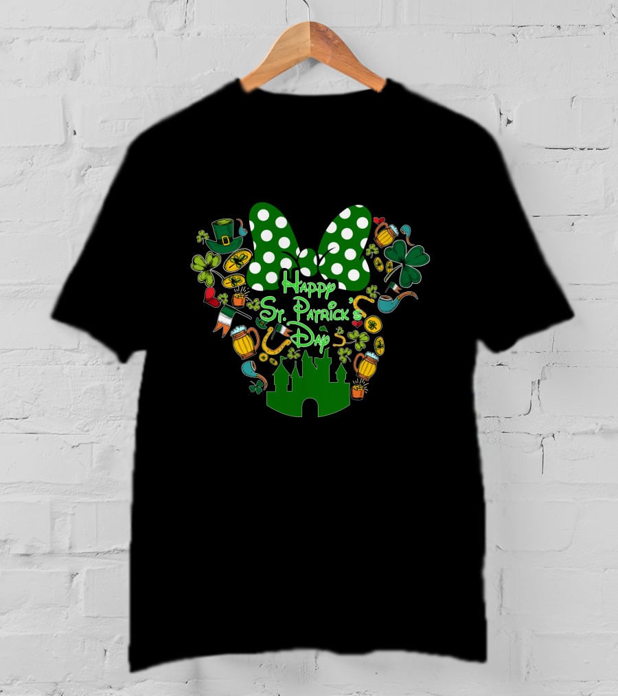 Happy St. Patrick's Day Minnie Mouse Bow Green Castle And Irish Symbols T-Shirt