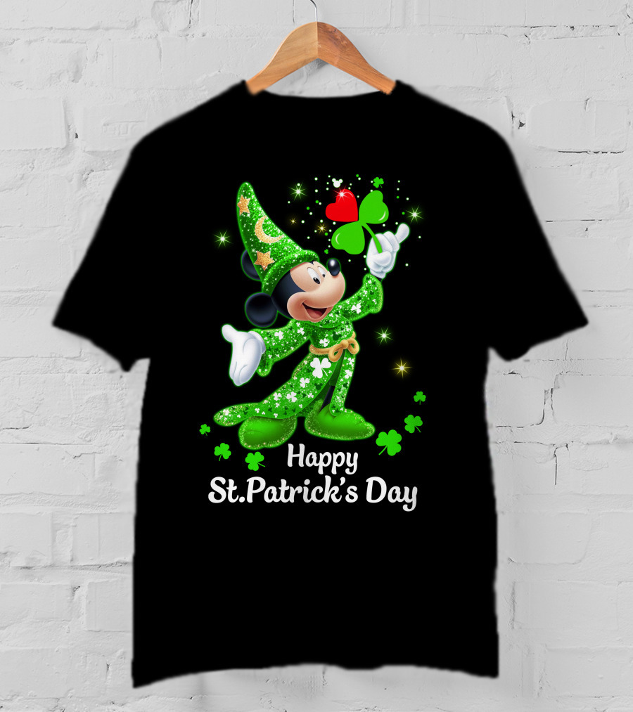 Happy St. Patrick's Day Mickey In Green Wizard Cloak With Clover Magic T-Shirt