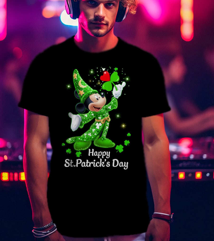 Happy St. Patrick's Day Mickey In Green Wizard Cloak With Clover Magic T-Shirt