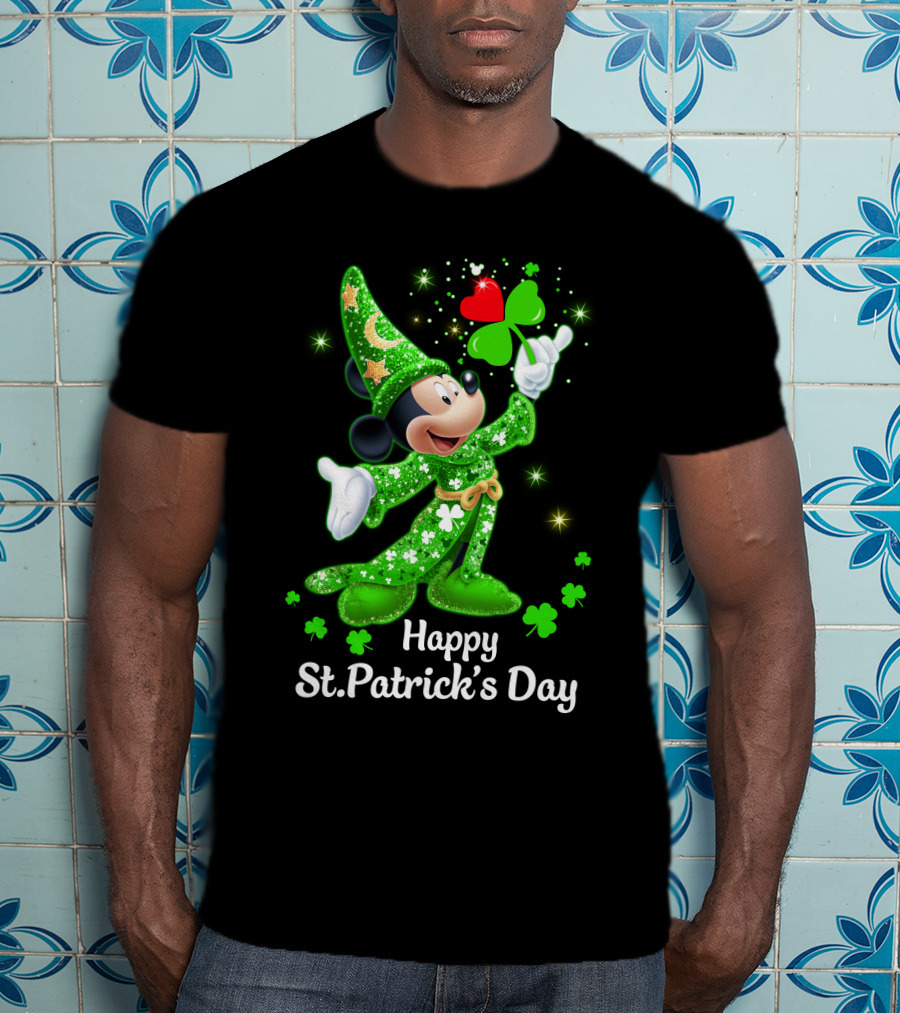 Happy St. Patrick's Day Mickey In Green Wizard Cloak With Clover Magic T-Shirt