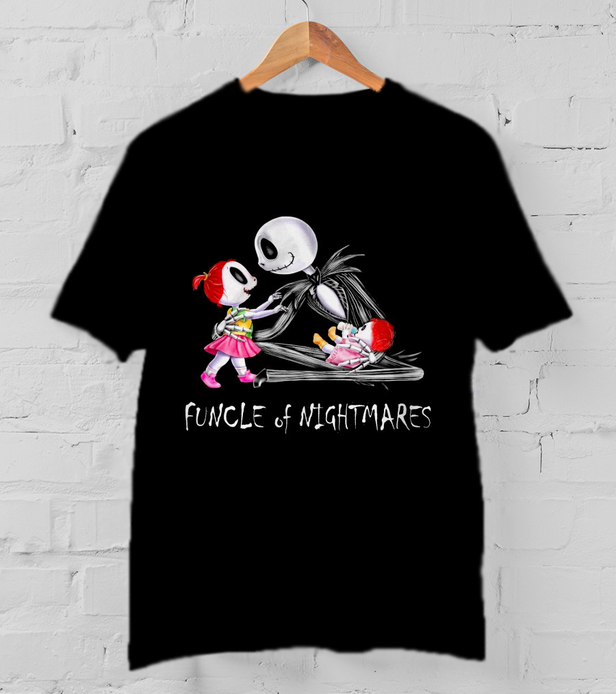 Funcle Of Nightmares With Two Girls And Skeleton Character T-Shirt
