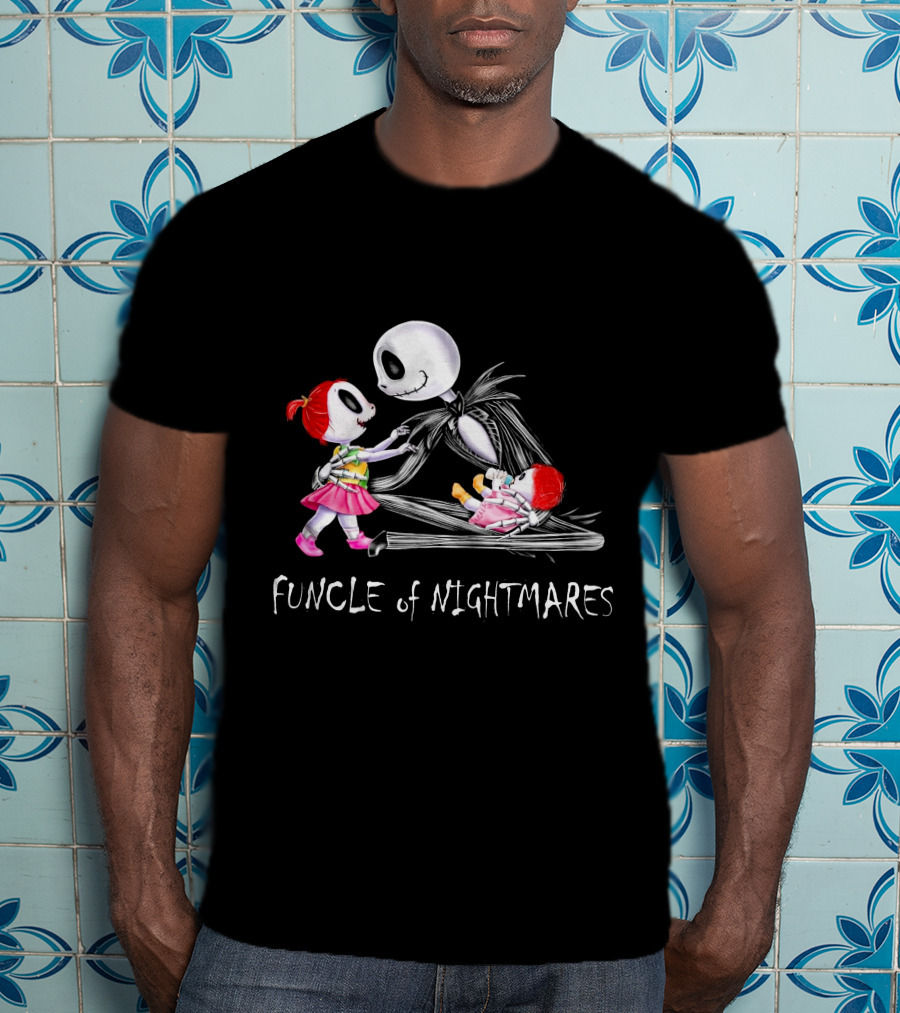 Funcle Of Nightmares With Two Girls And Skeleton Character T-Shirt