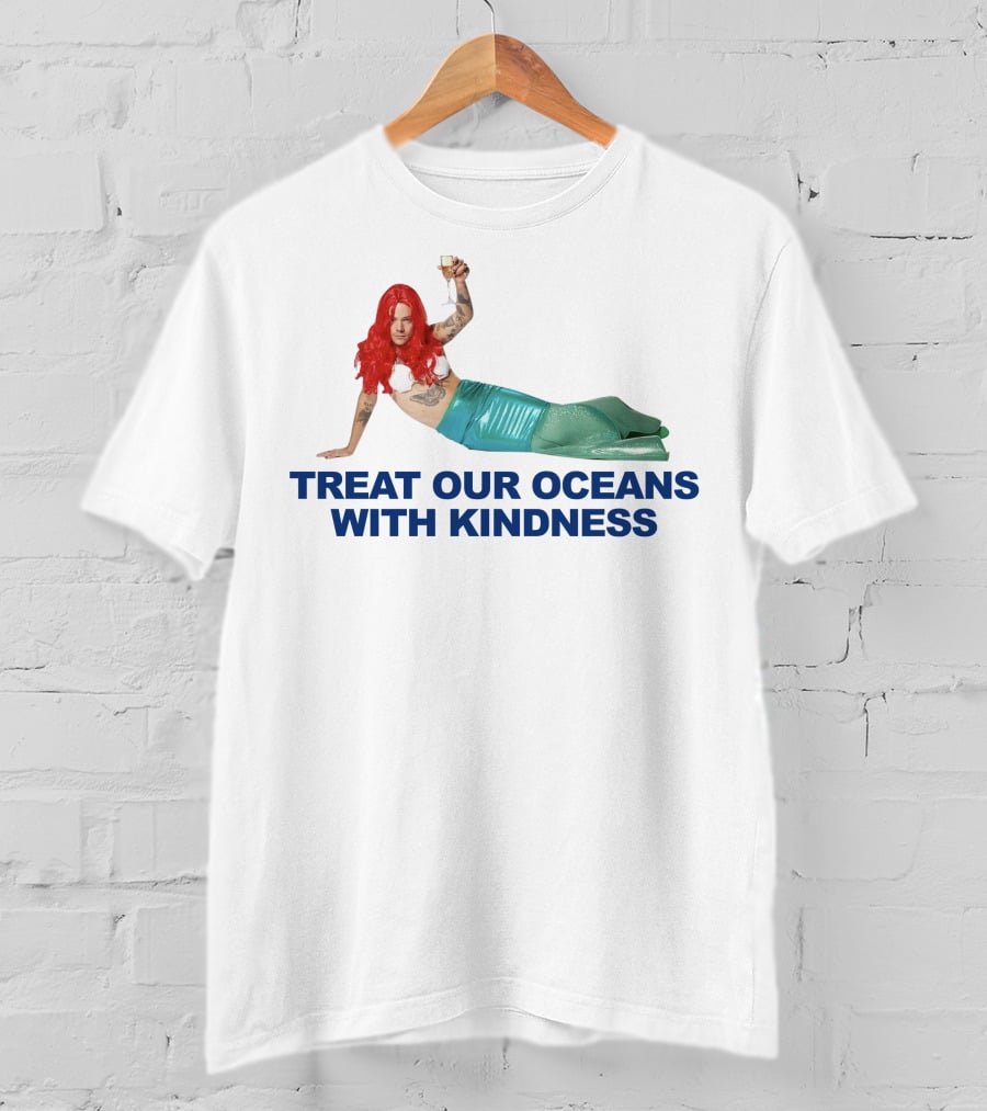 Treat Our Oceans With Kindness Red-Haired Mermaid Holding Glass T-Shirt