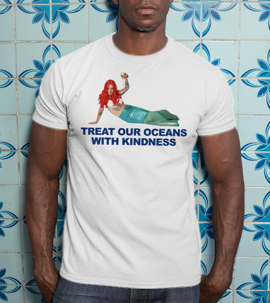Treat Our Oceans With Kindness Red-Haired Mermaid Holding Glass T-Shirt