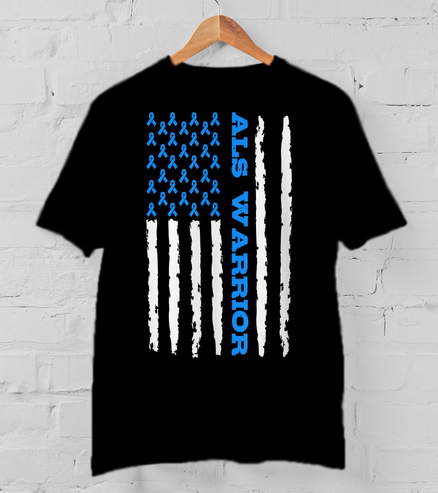 ALS Warrior Blue Ribbon Awareness American Flag USA T-Shirt