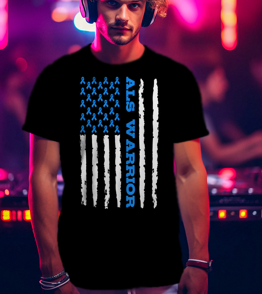 ALS Warrior Blue Ribbon Awareness American Flag USA T-Shirt