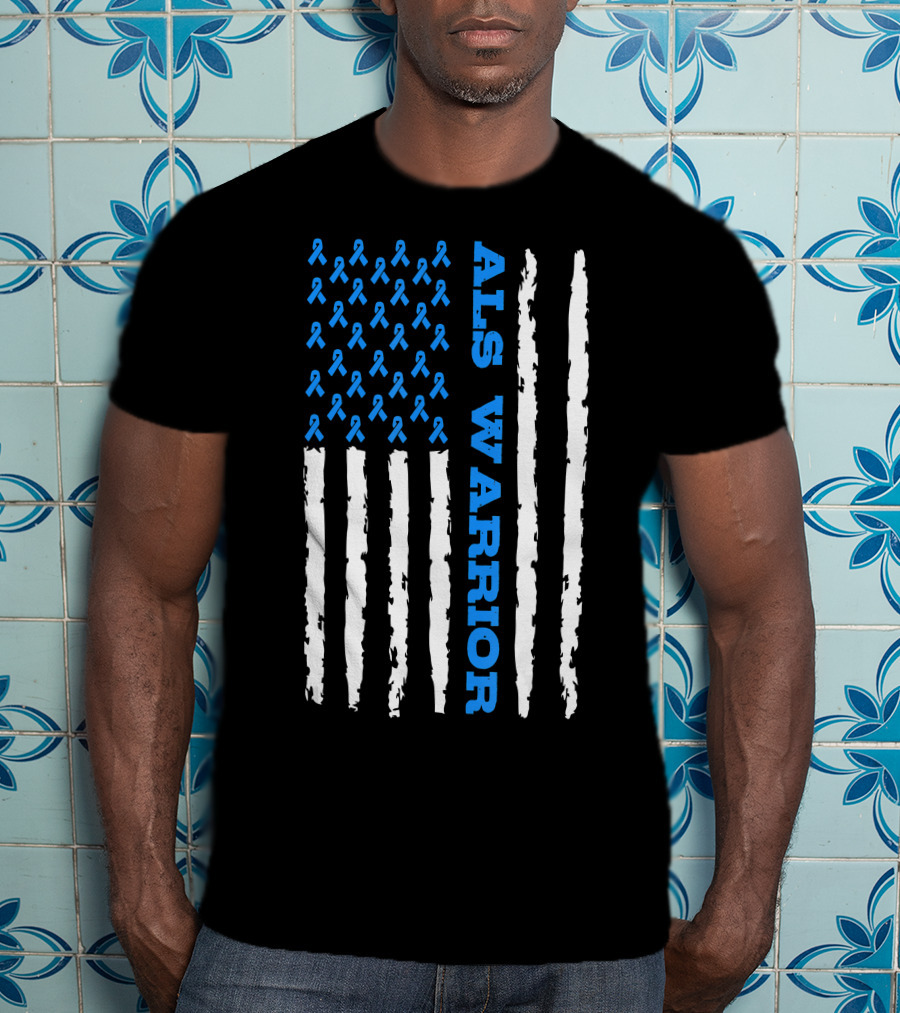 ALS Warrior Blue Ribbon Awareness American Flag USA T-Shirt