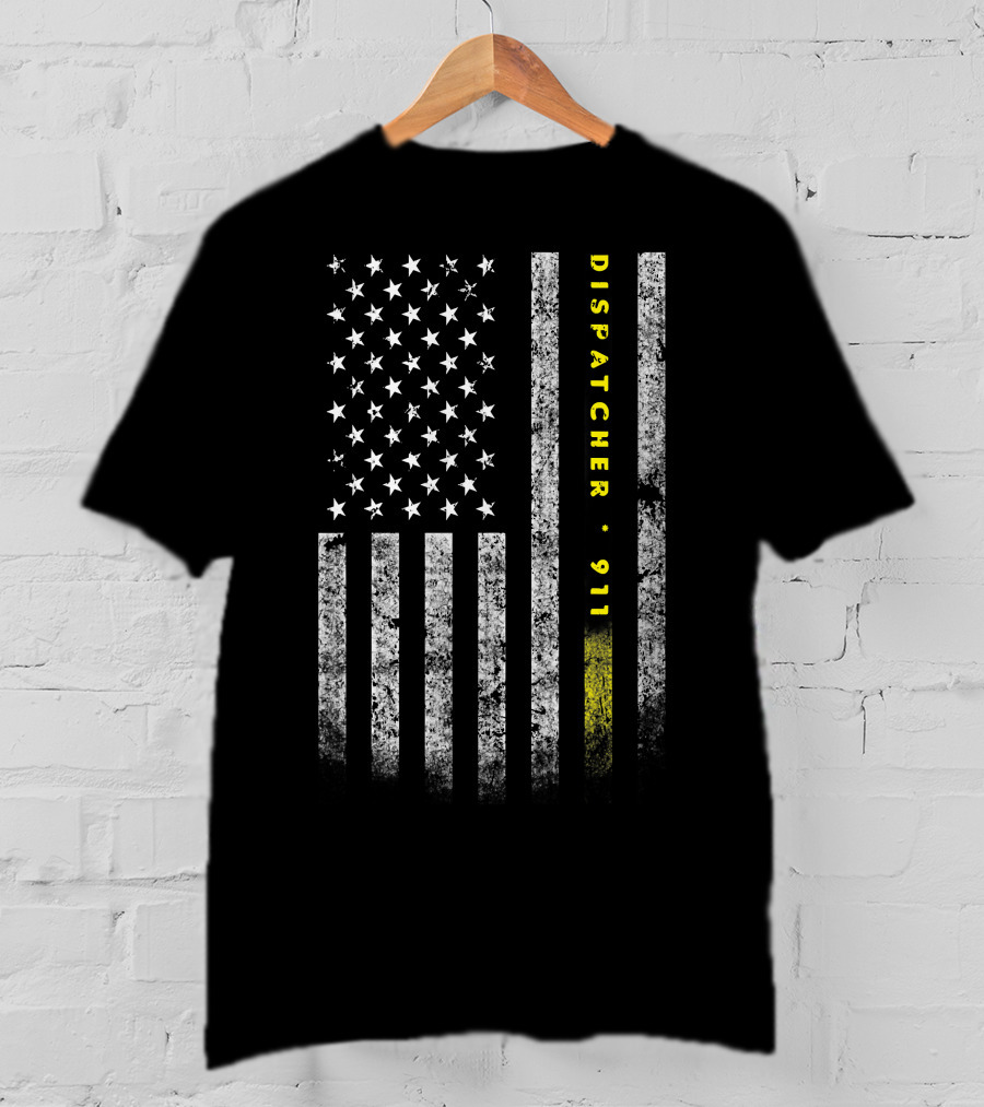 Dispatcher 911 American Flag With Gold Line USA Flag T-Shirt