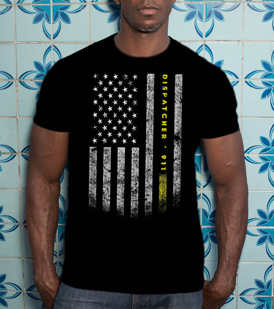 Dispatcher 911 American Flag With Gold Line USA Flag T-Shirt