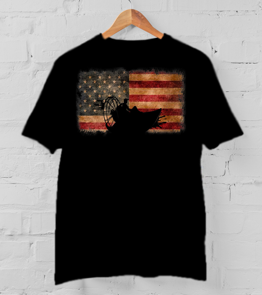 American Flag Airboat Racing Silhouette Over Rustic America T-Shirt