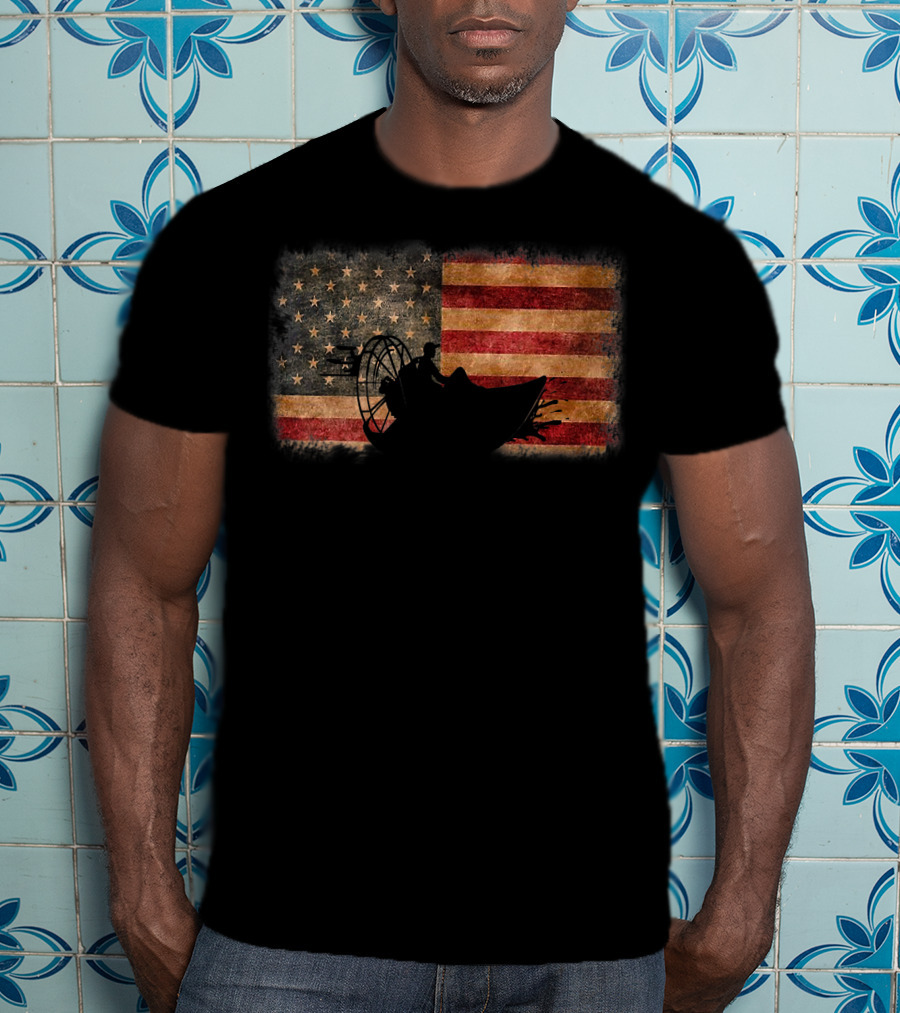 American Flag Airboat Racing Silhouette Over Rustic America T-Shirt