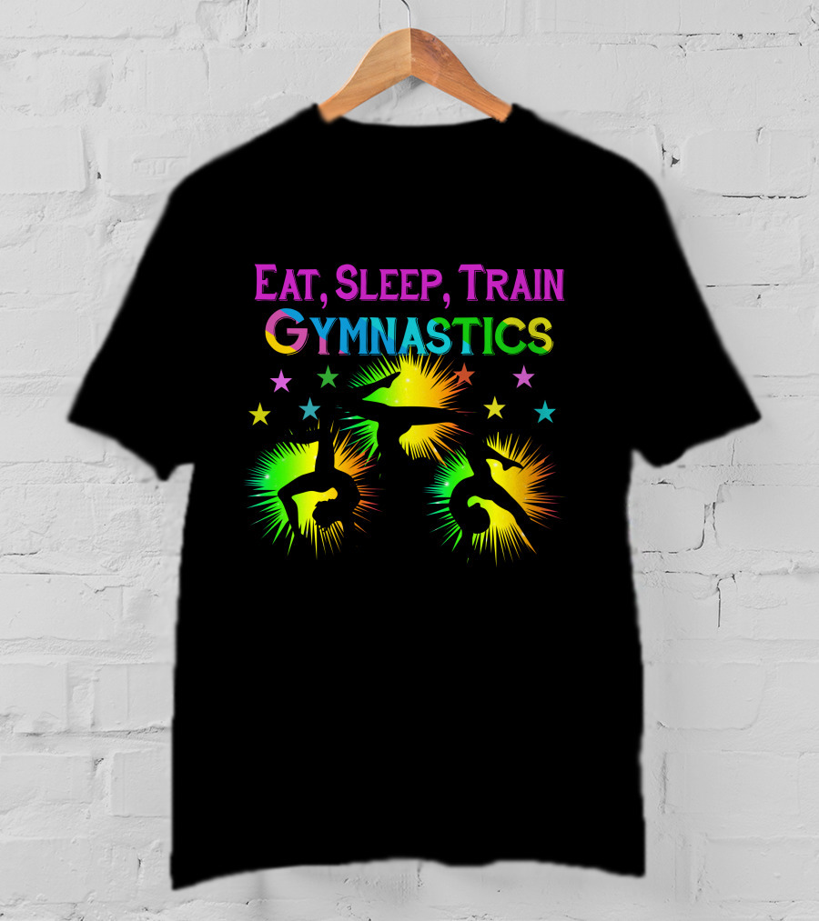 Eat Sleep Train Gymnastics Colorful Silhouette Stars Explosion T-Shirt