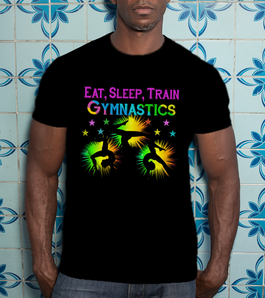 Eat Sleep Train Gymnastics Colorful Silhouette Stars Explosion T-Shirt