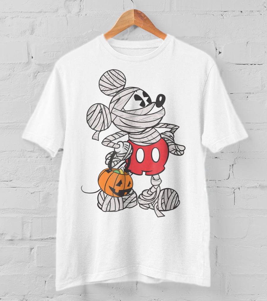 Mickey Mouse Mummy Wrapped With Pumpkin Bucket For Halloween T-Shirt
