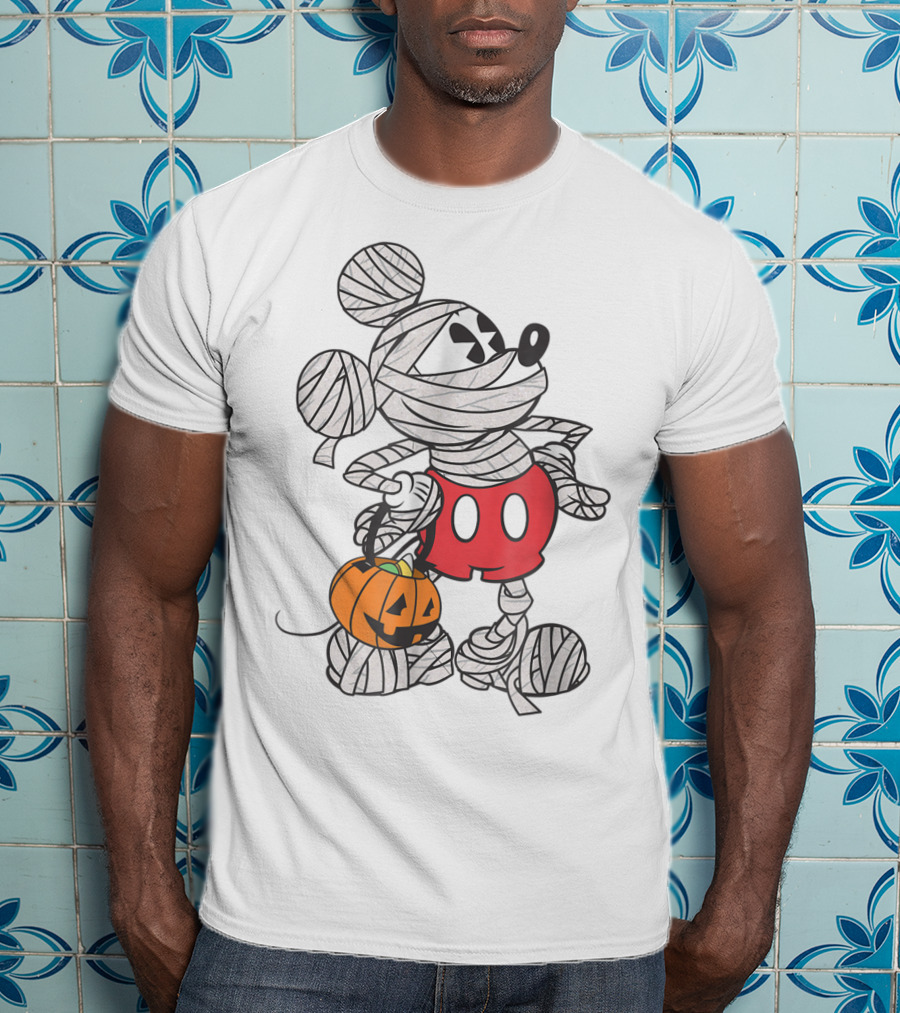 Mickey Mouse Mummy Wrapped With Pumpkin Bucket For Halloween T-Shirt