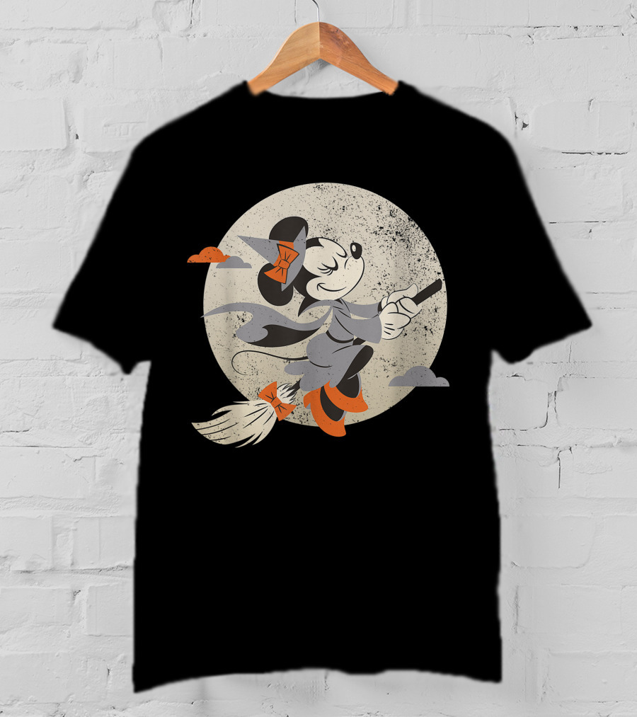 Minnie Mouse Disney Witch Flying On Broomstick Halloween Moon Scene T-Shirt