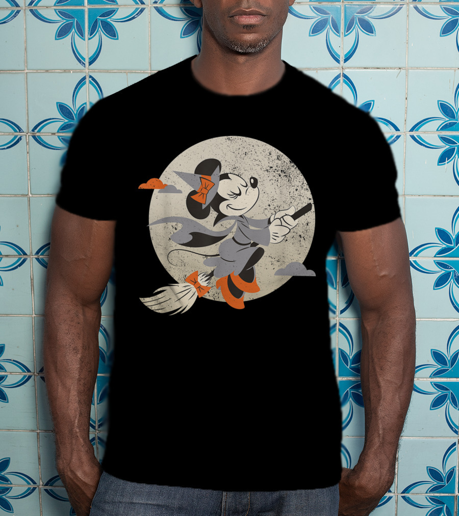 Minnie Mouse Disney Witch Flying On Broomstick Halloween Moon Scene T-Shirt