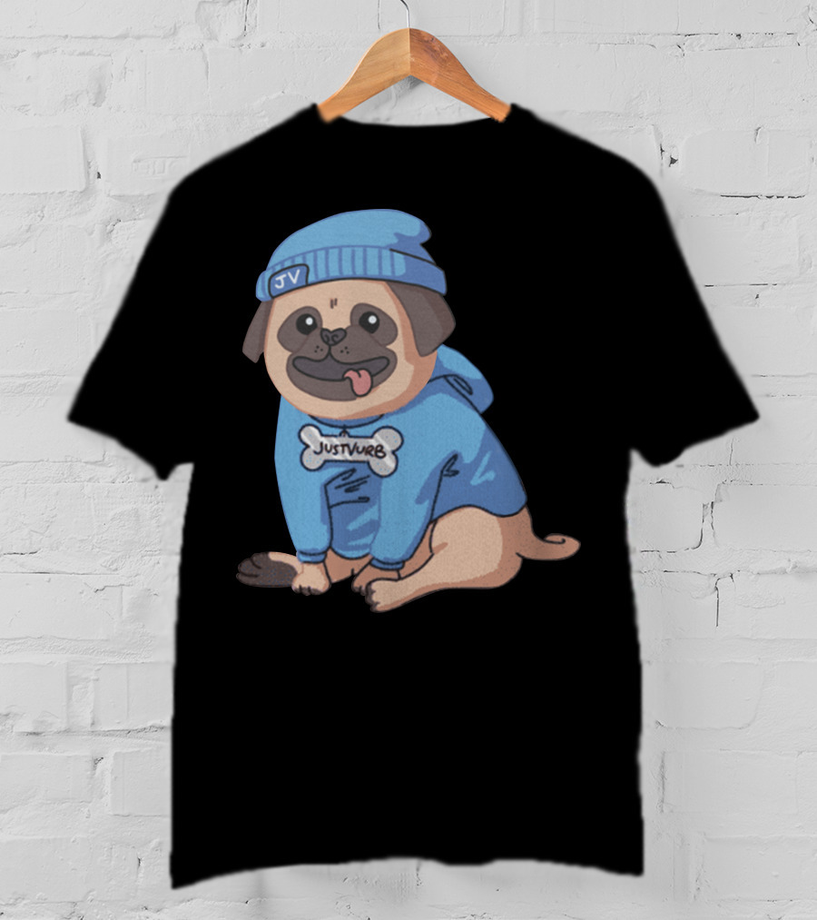 Justvurb JV Pug Dog In Blue Hoodie And Beanie T-Shirt