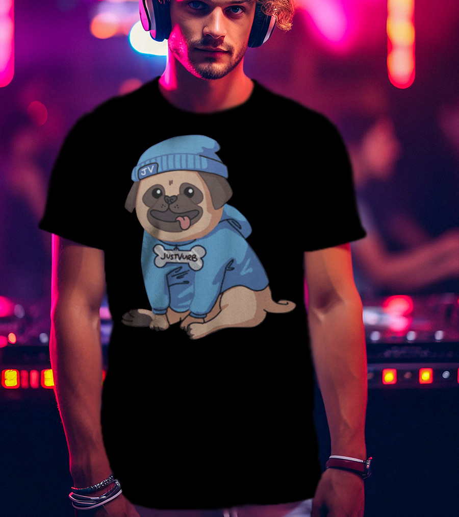 Justvurb JV Pug Dog In Blue Hoodie And Beanie T-Shirt