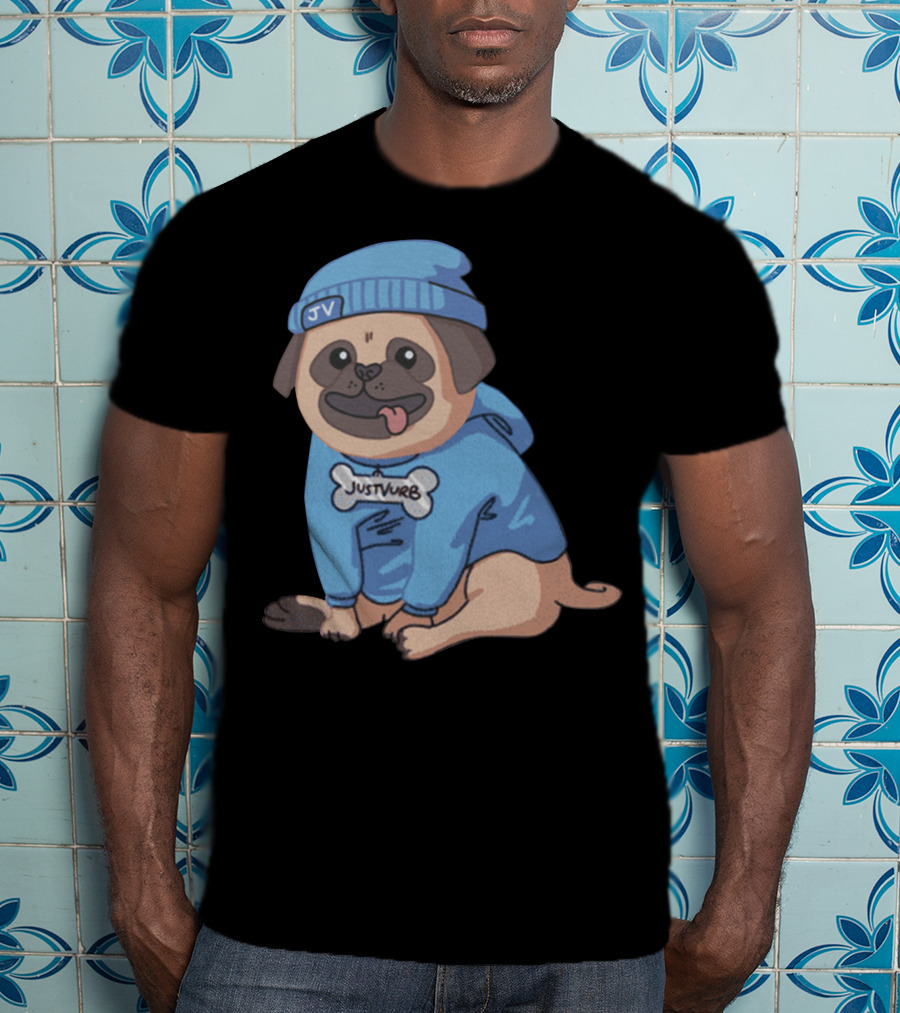 Justvurb JV Pug Dog In Blue Hoodie And Beanie T-Shirt