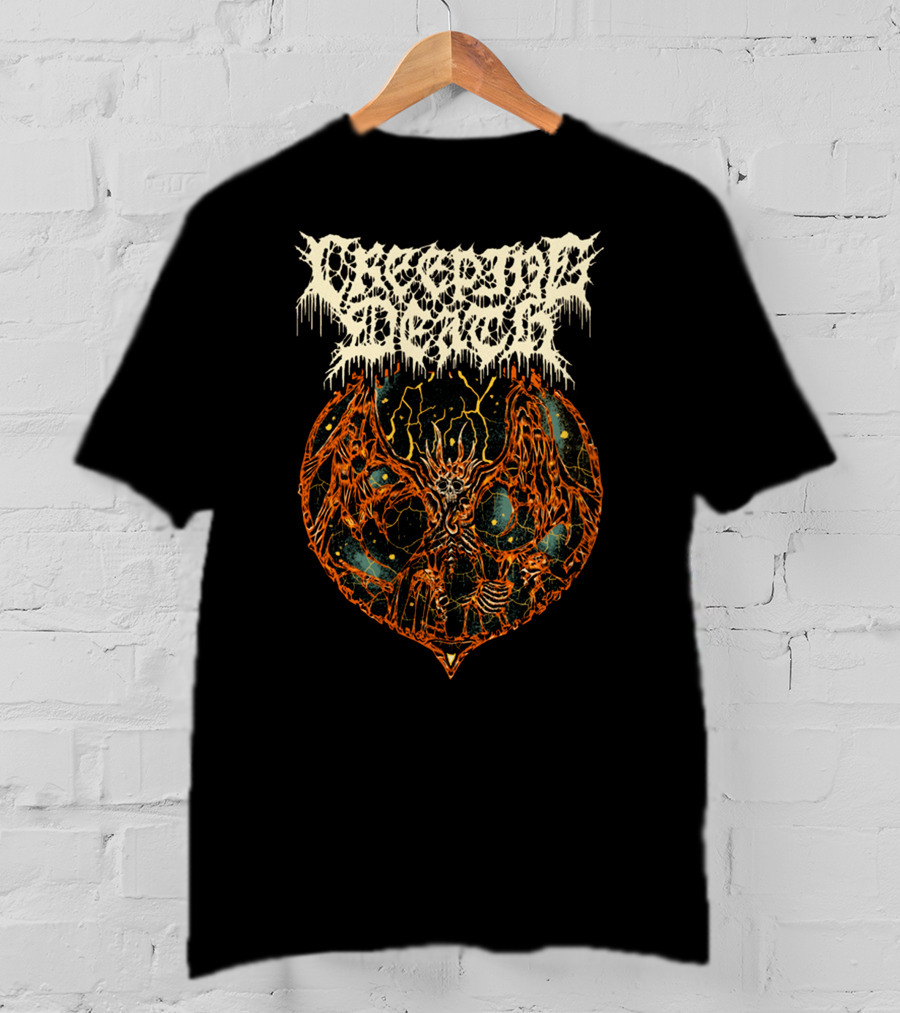 Creeping Death Skeleton Demon With Orange Lightning And Cosmic Background T-Shirt