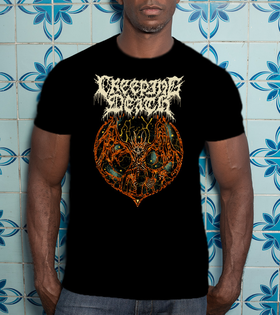 Creeping Death Skeleton Demon With Orange Lightning And Cosmic Background T-Shirt