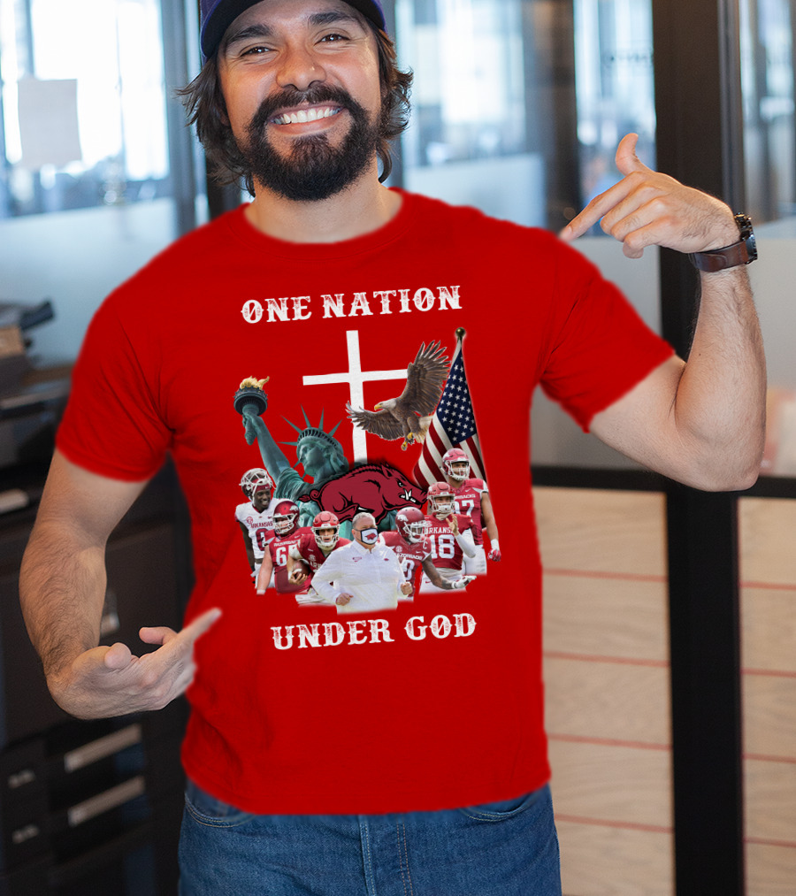 ONE NATION UNDER GOD Arkansas Razorbacks Football Liberty Statue Eagle Flag T-Shirt