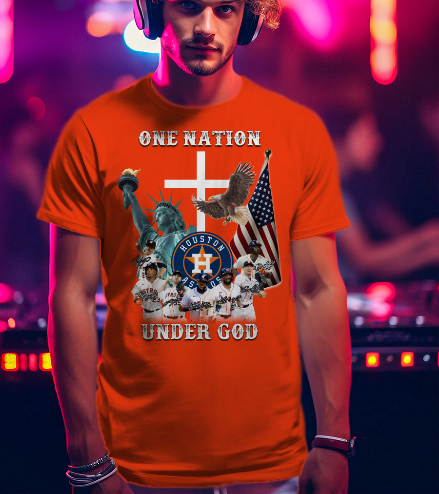 One Nation Under God Houston Astros Statue Of Liberty American Flag T-Shirt