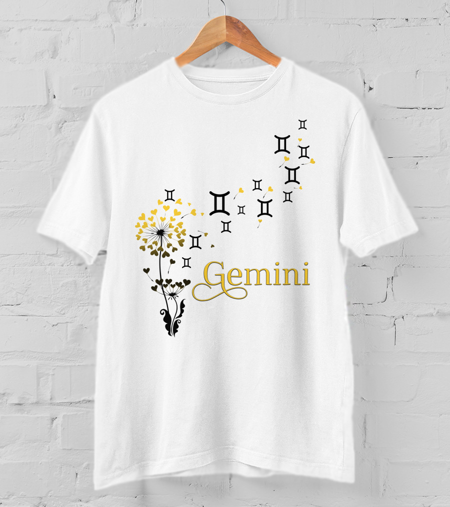 Gemini Zodiac Symbol Flower With Hearts And Emblem Accents T-Shirt