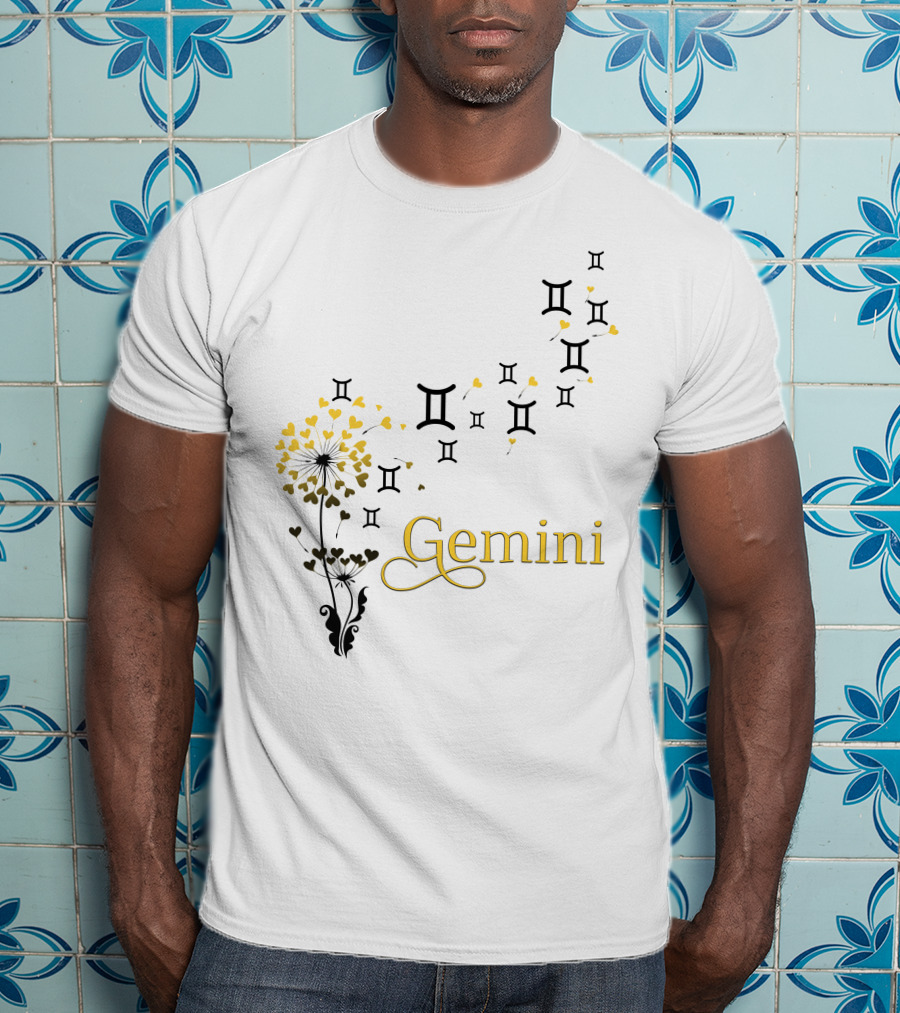 Gemini Zodiac Symbol Flower With Hearts And Emblem Accents T-Shirt