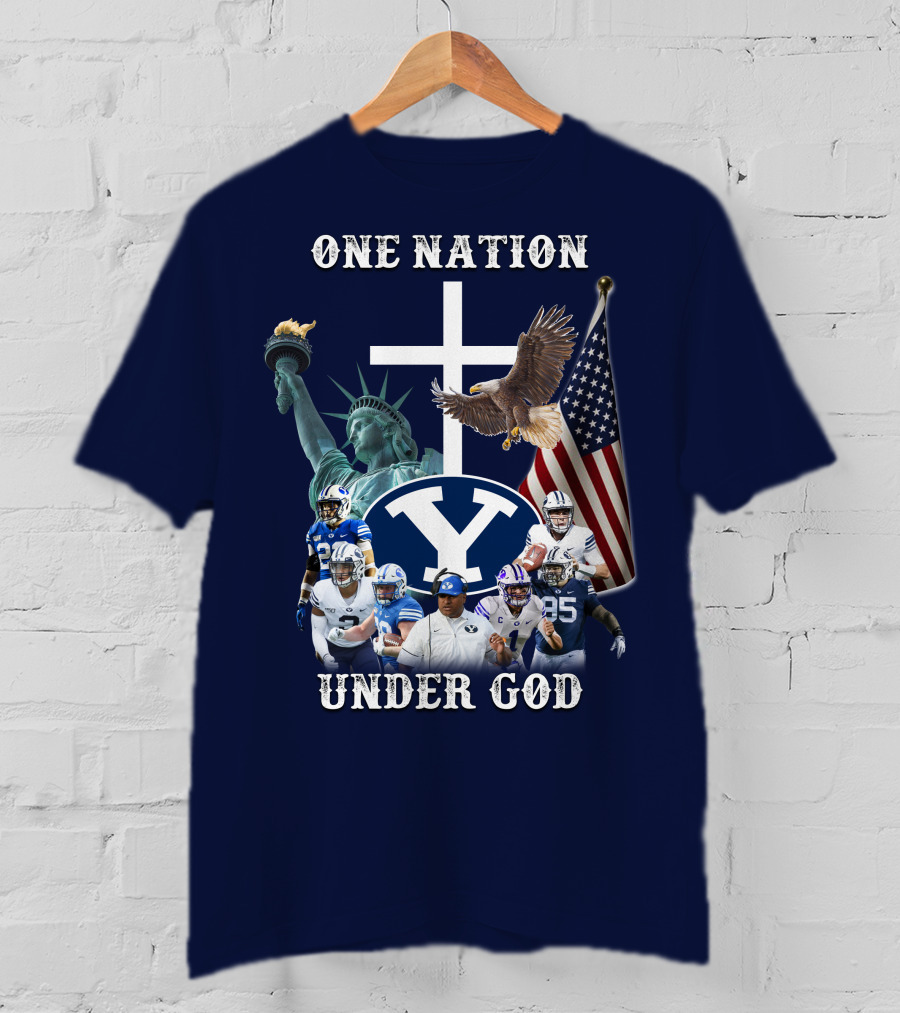 BYU One Nation Under God Coach Football Statue Liberty Cross Eagle Flag T-Shirt