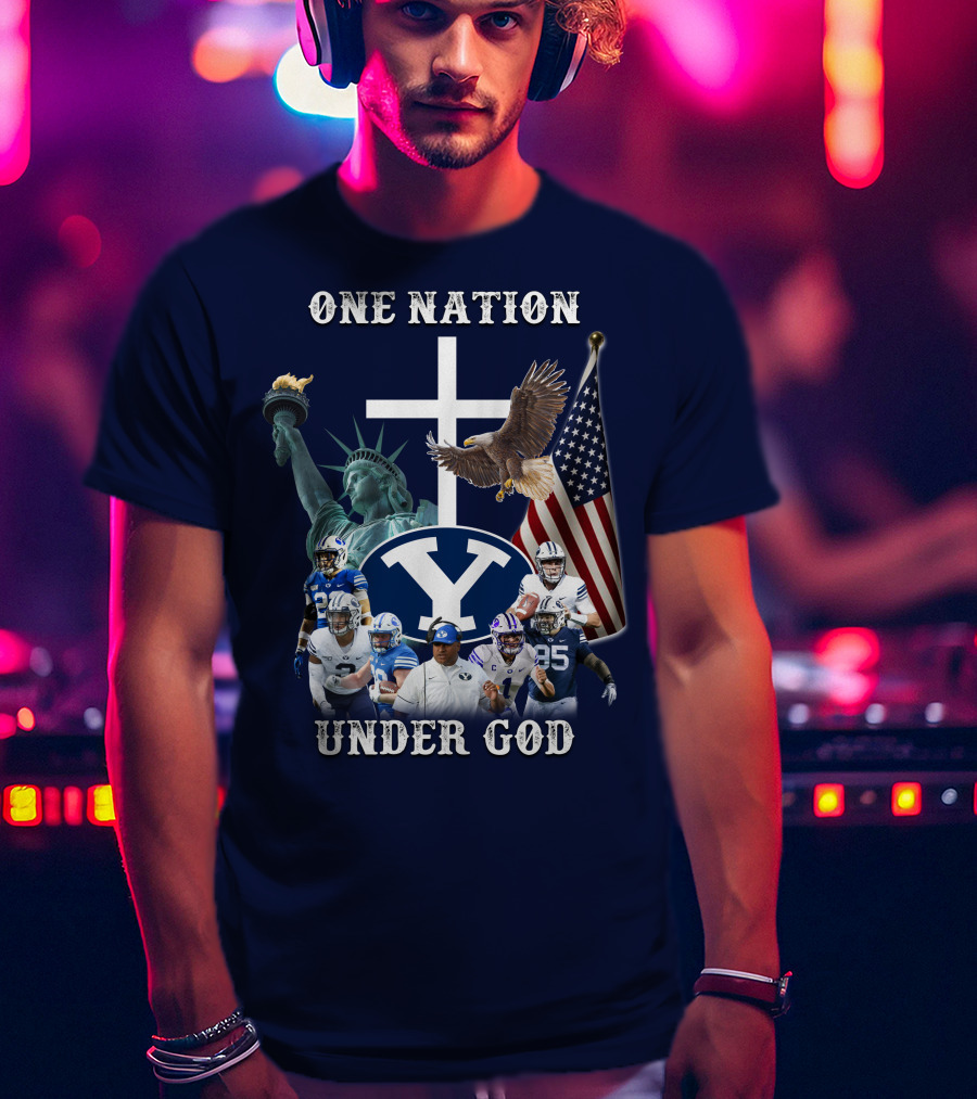 BYU One Nation Under God Coach Football Statue Liberty Cross Eagle Flag T-Shirt