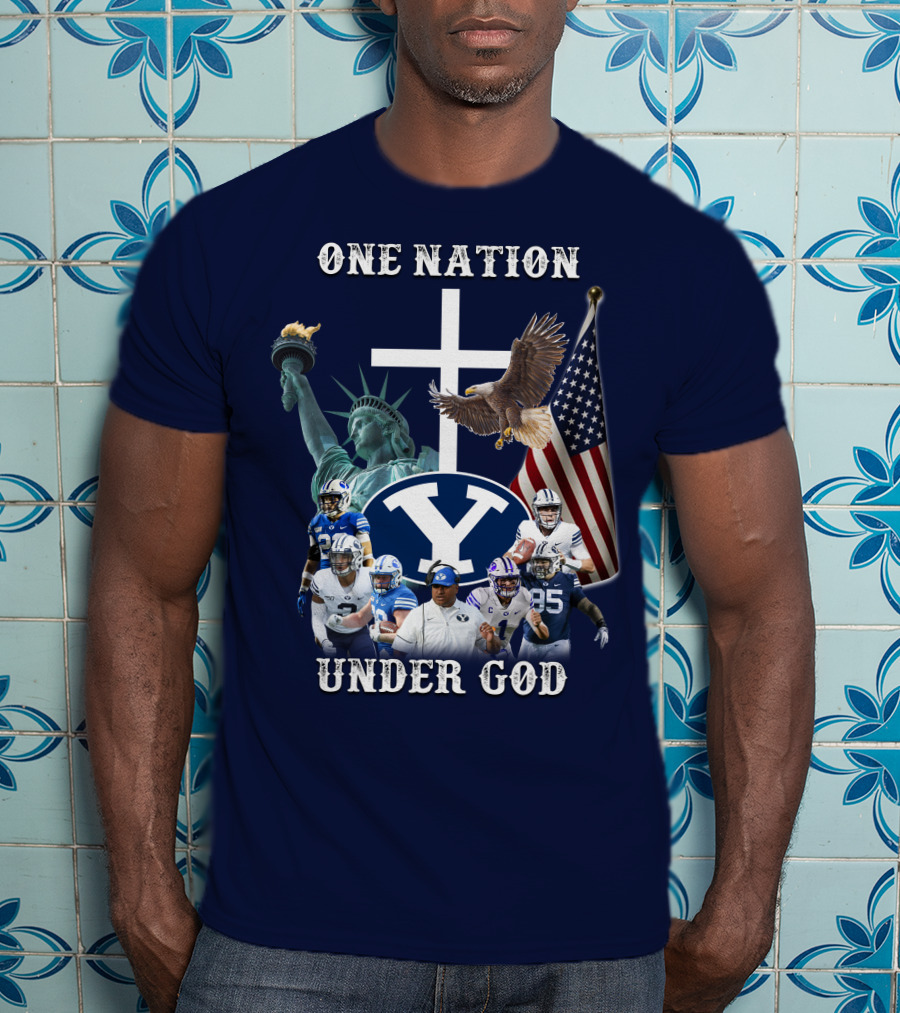 BYU One Nation Under God Coach Football Statue Liberty Cross Eagle Flag T-Shirt
