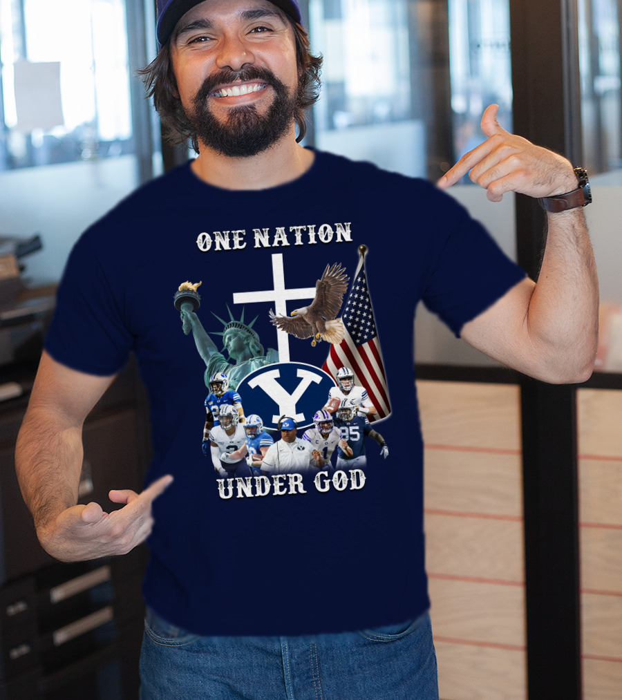 BYU One Nation Under God Coach Football Statue Liberty Cross Eagle Flag T-Shirt
