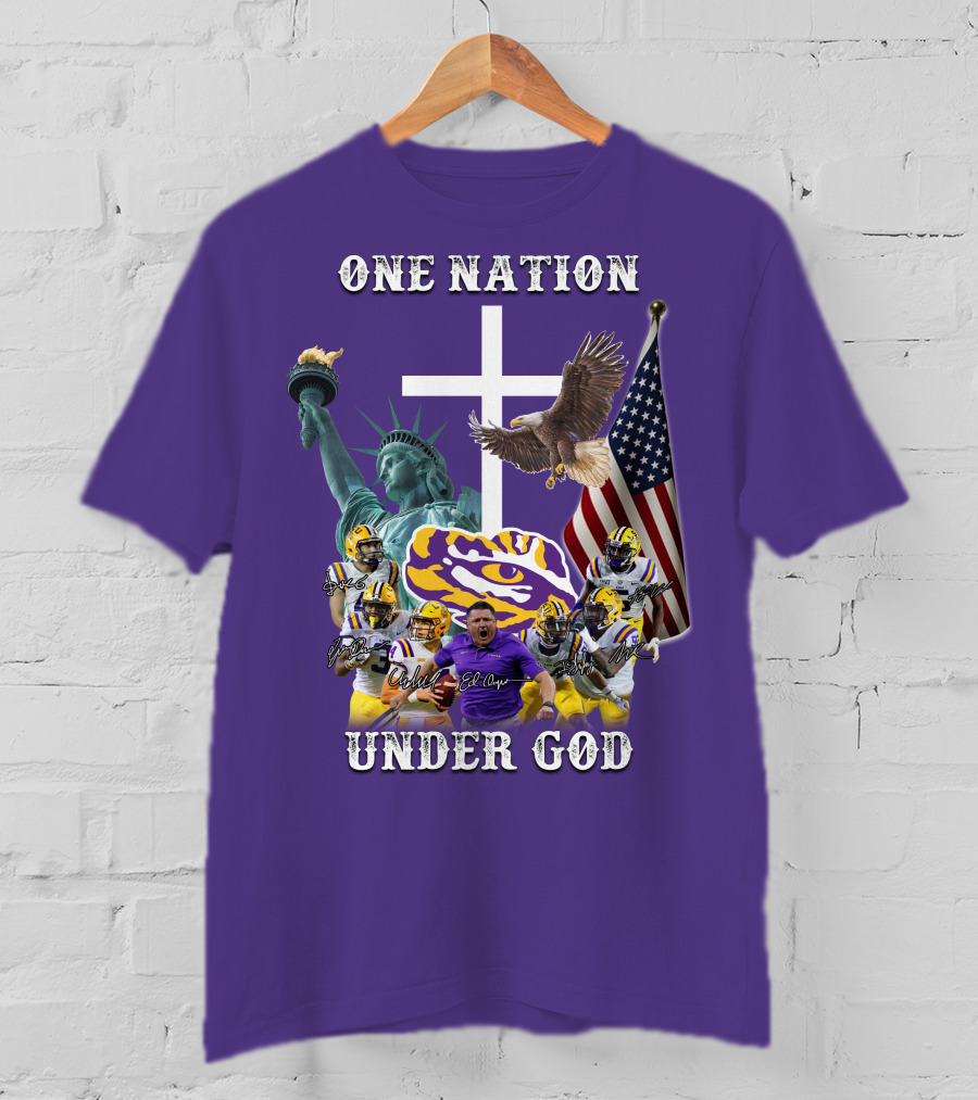 LSU Tigers Football One Nation Under God Coach Players Statue Of Liberty Eagle American Flag T-Shirt