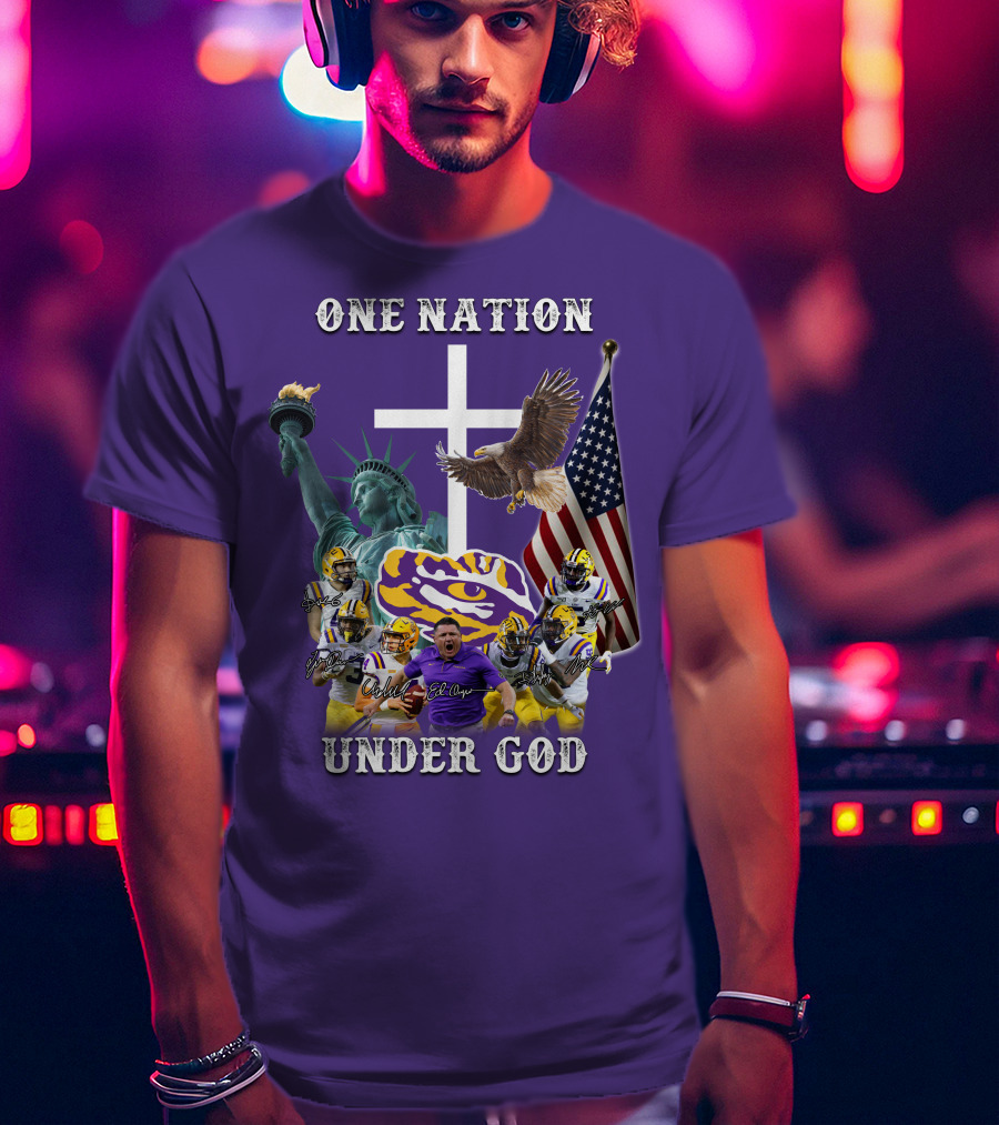 LSU Tigers Football One Nation Under God Coach Players Statue Of Liberty Eagle American Flag T-Shirt