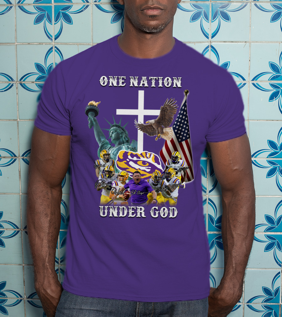 LSU Tigers Football One Nation Under God Coach Players Statue Of Liberty Eagle American Flag T-Shirt