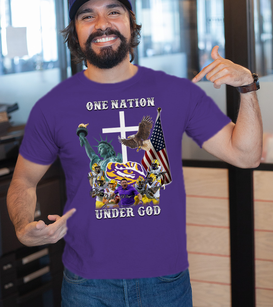 LSU Tigers Football One Nation Under God Coach Players Statue Of Liberty Eagle American Flag T-Shirt