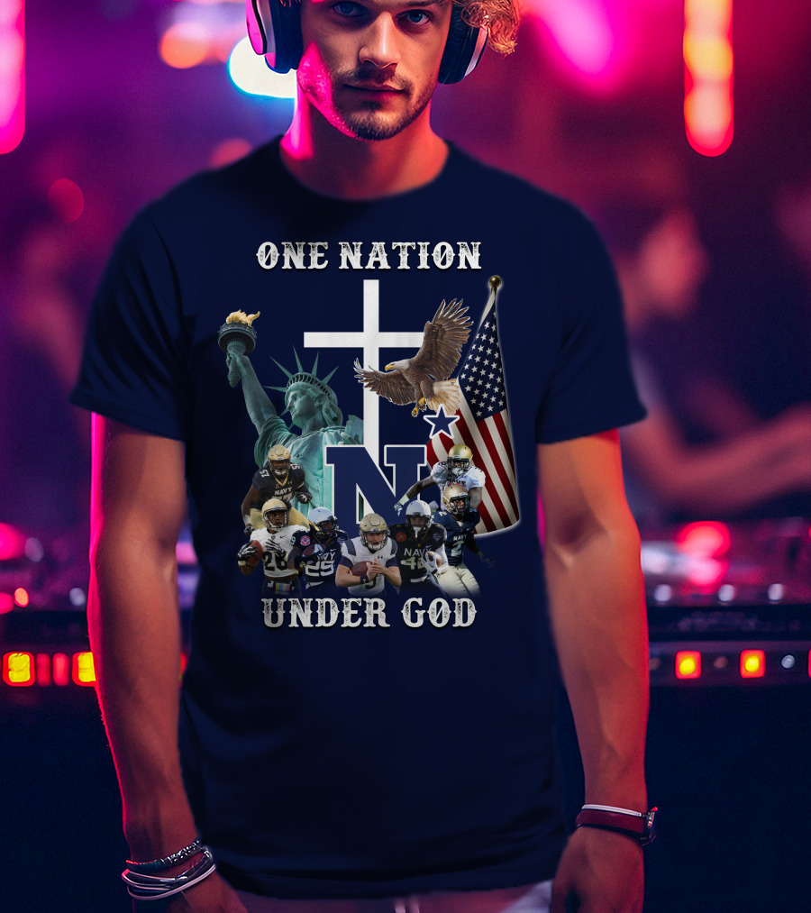 NM One Nation Under God Navy Football Statue Liberty American Flag Eagle T-Shirt