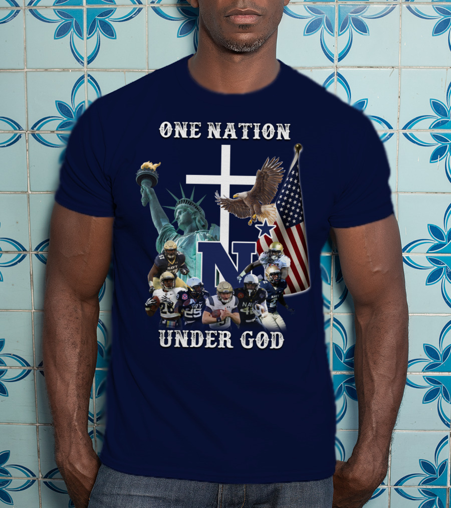 NM One Nation Under God Navy Football Statue Liberty American Flag Eagle T-Shirt